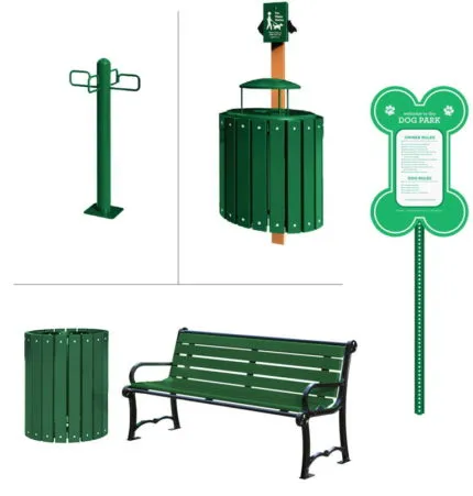 green-dog-park-trash-and-bench-and-sign