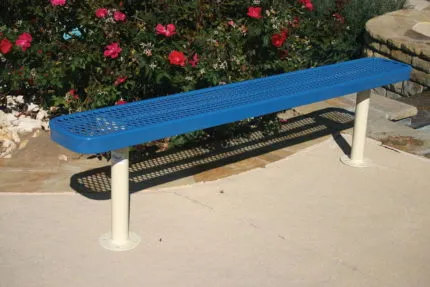 blue and white park bench metal